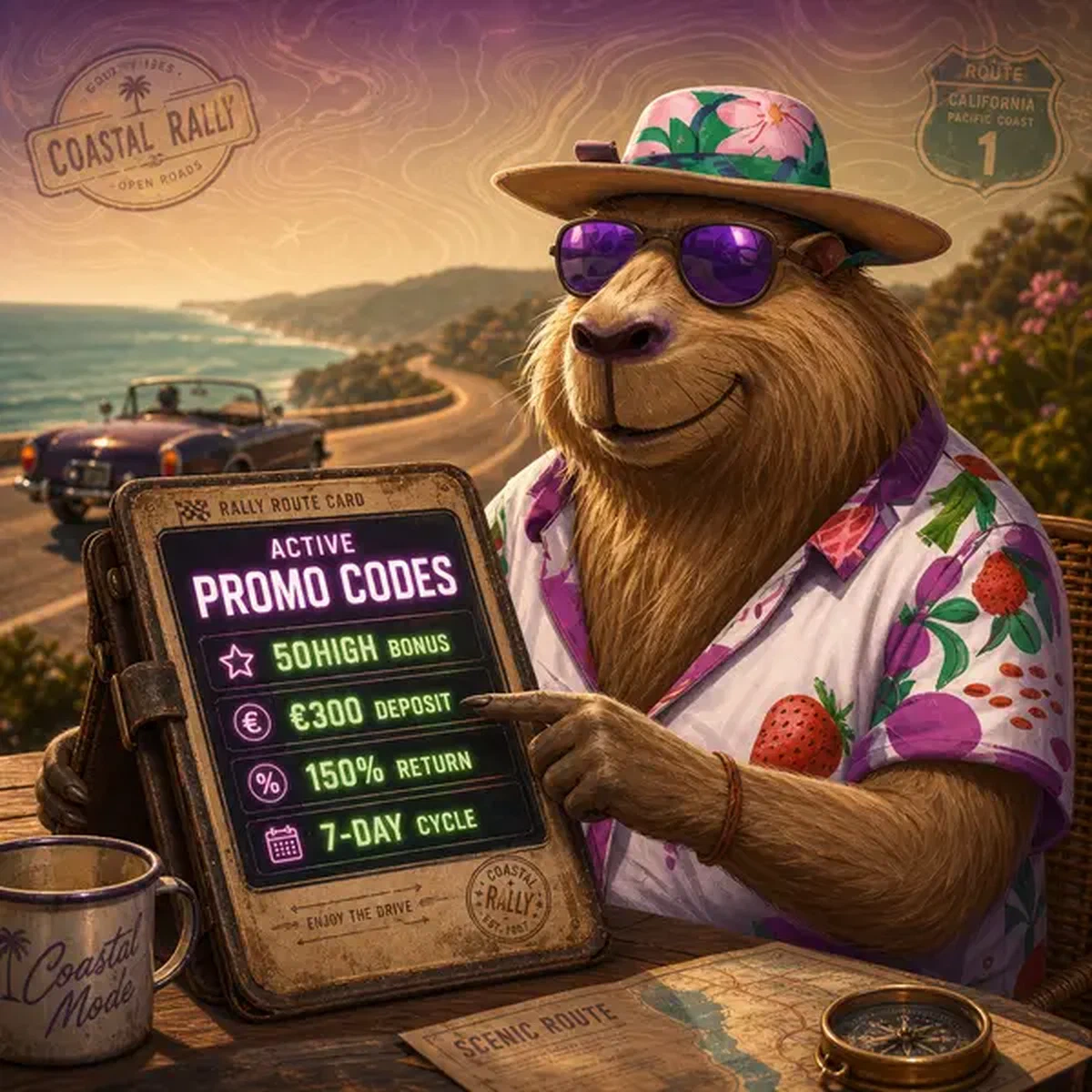 LazyBar capybara entering promo codes on vintage tablet interface with bonus offers displayed