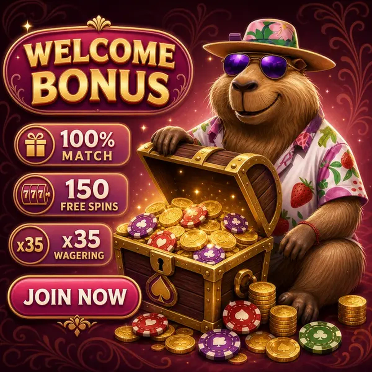 LazyBar Casino treasure chest overflows with welcome bonus coins as capybara opens mobile app rewards