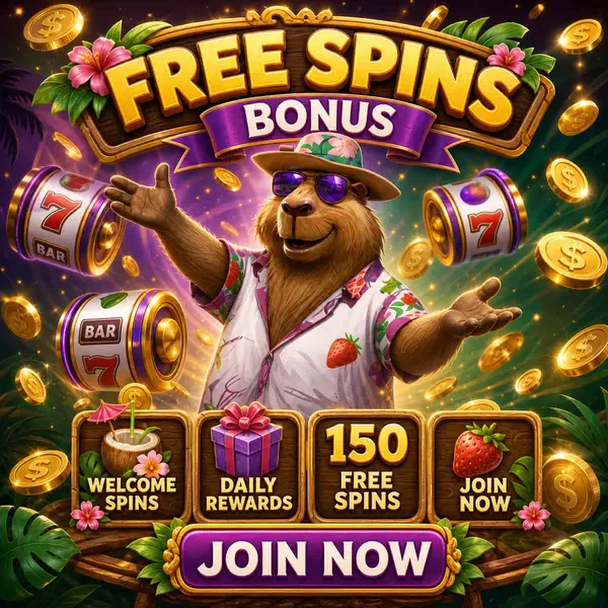 LazyBar mascot celebrating free spins bonus with golden coins cascading around slot reels