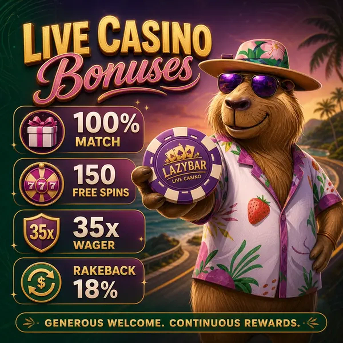 LazyBar capybara mascot holding poker chip at live casino welcome desk
