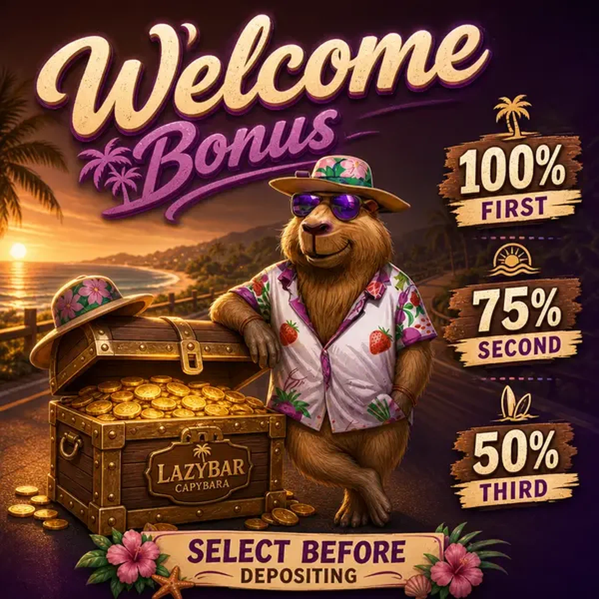 LazyBar Capybara leaning against treasure chest overflowing with sports betting welcome bonus coins