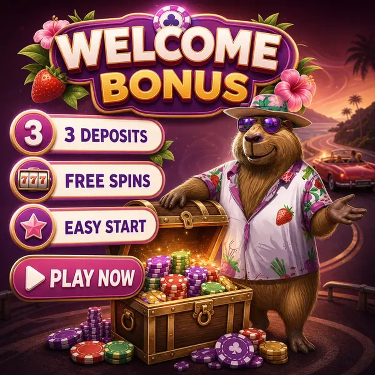 LazyBar Capybara welcomes player login with treasure chest of casino chips