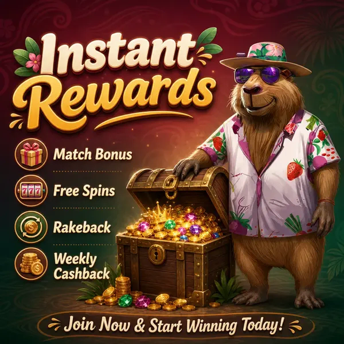 Friendly capybara guide welcoming new players to sign up at Welcome Package and Instant Rewards
