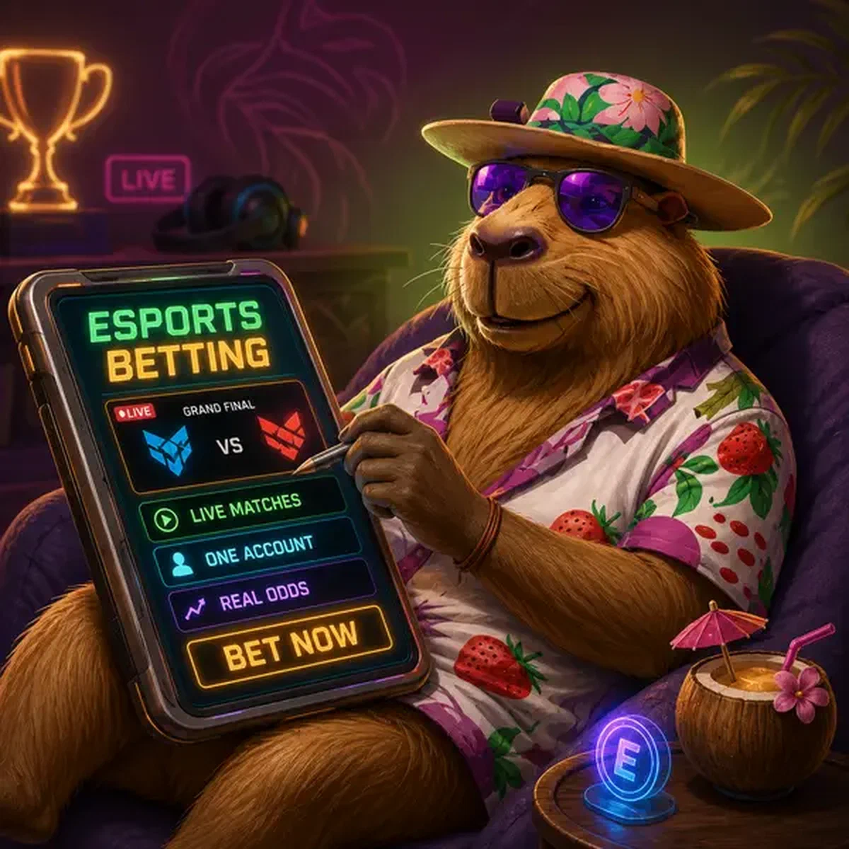 LazyBar Capybara placing esports bets on glowing tablet in digital lounge