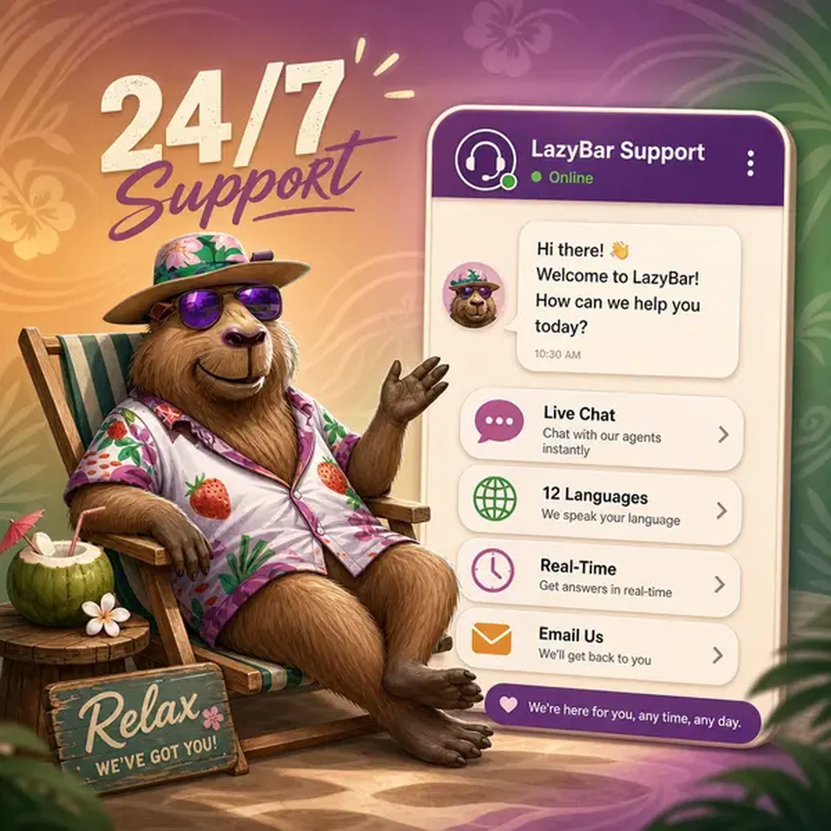 LazyBar Klantenondersteuning live chat venster met capybara gids klaar om 24/7 te helpen