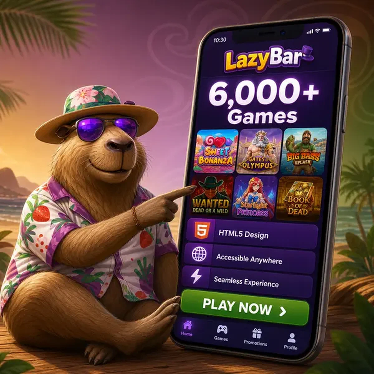 LazyBar mobile app glowing on smartphone screen with 6,000+ games ready to download