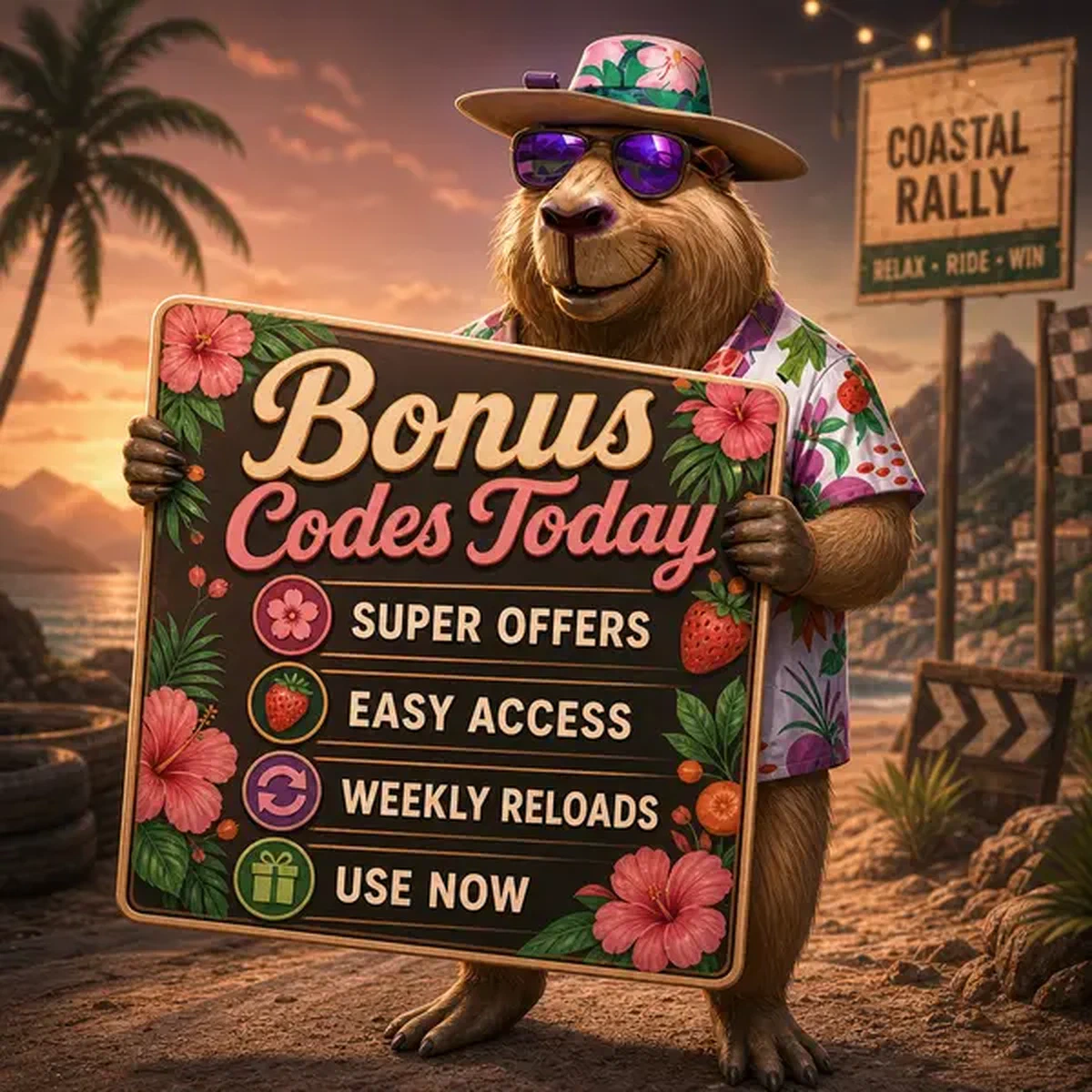 LazyBar capybara holding promotional bonus card with active codes for today's offers