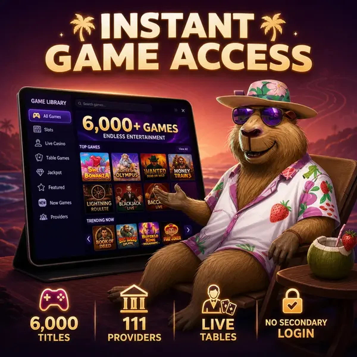 LazyBar Capybara gesturing at gaming tablet displaying instant login access to 6,000+ titles