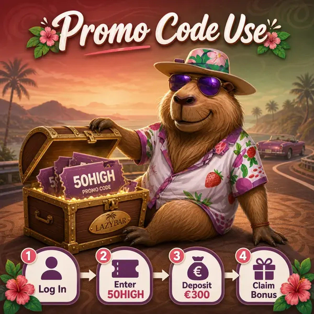 LazyBar Capybara discovering promo code treasure chest with gentle smile