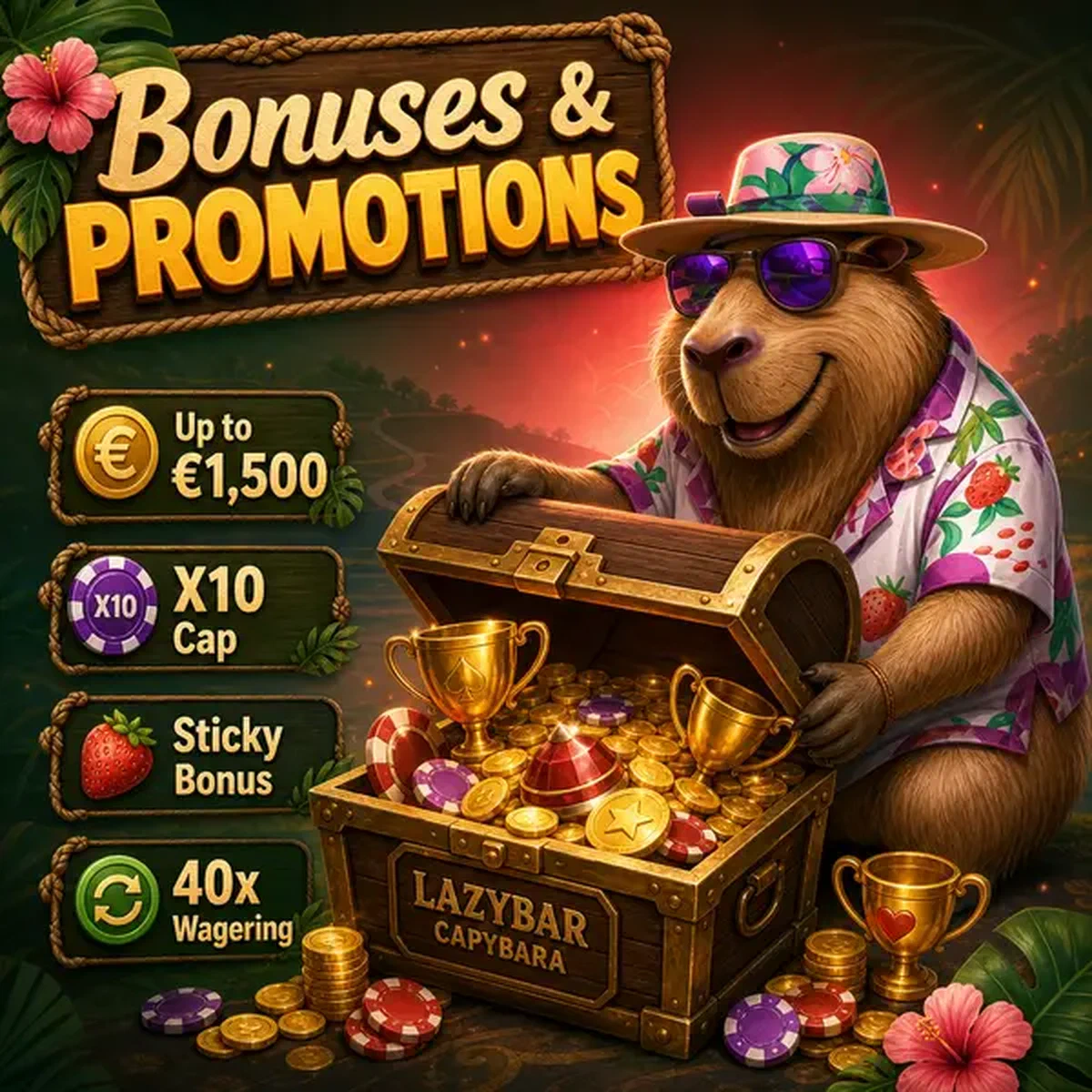 LazyBar Bonuses capybara discovering treasure chest filled with golden bonus coins and trophies