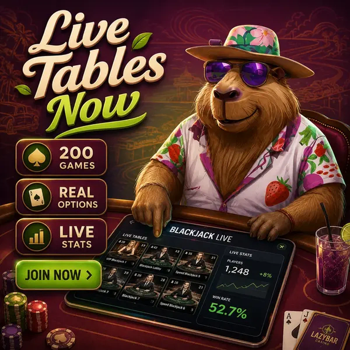 LazyBar Capybara browsing live dealer options at welcoming casino tables