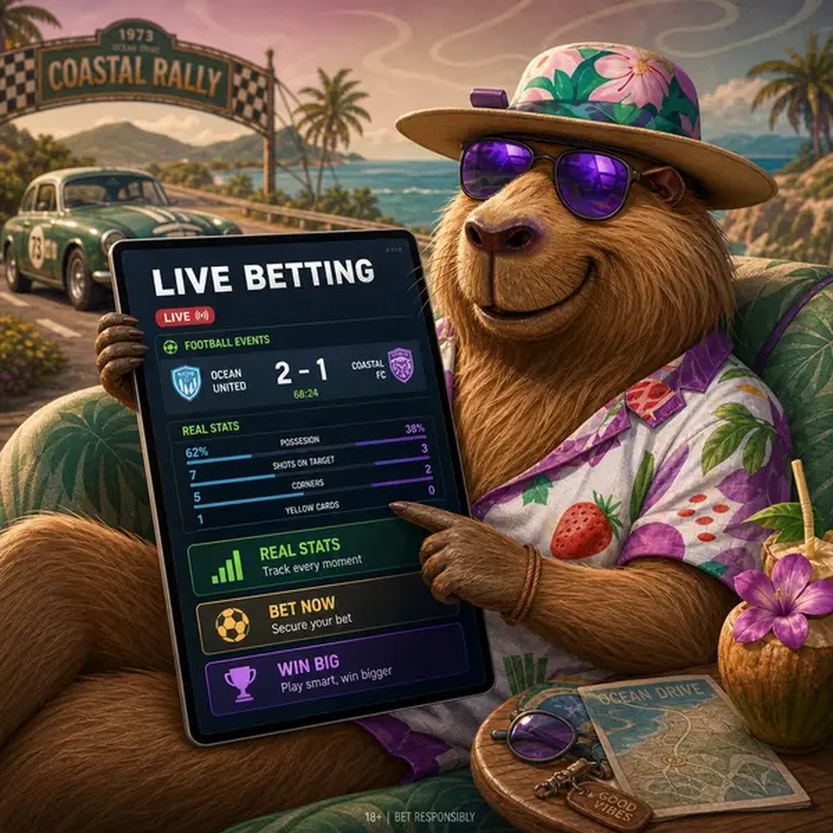 Relaxed capybara in Hawaiian shirt checking live sports betting odds on tablet at coastal venue