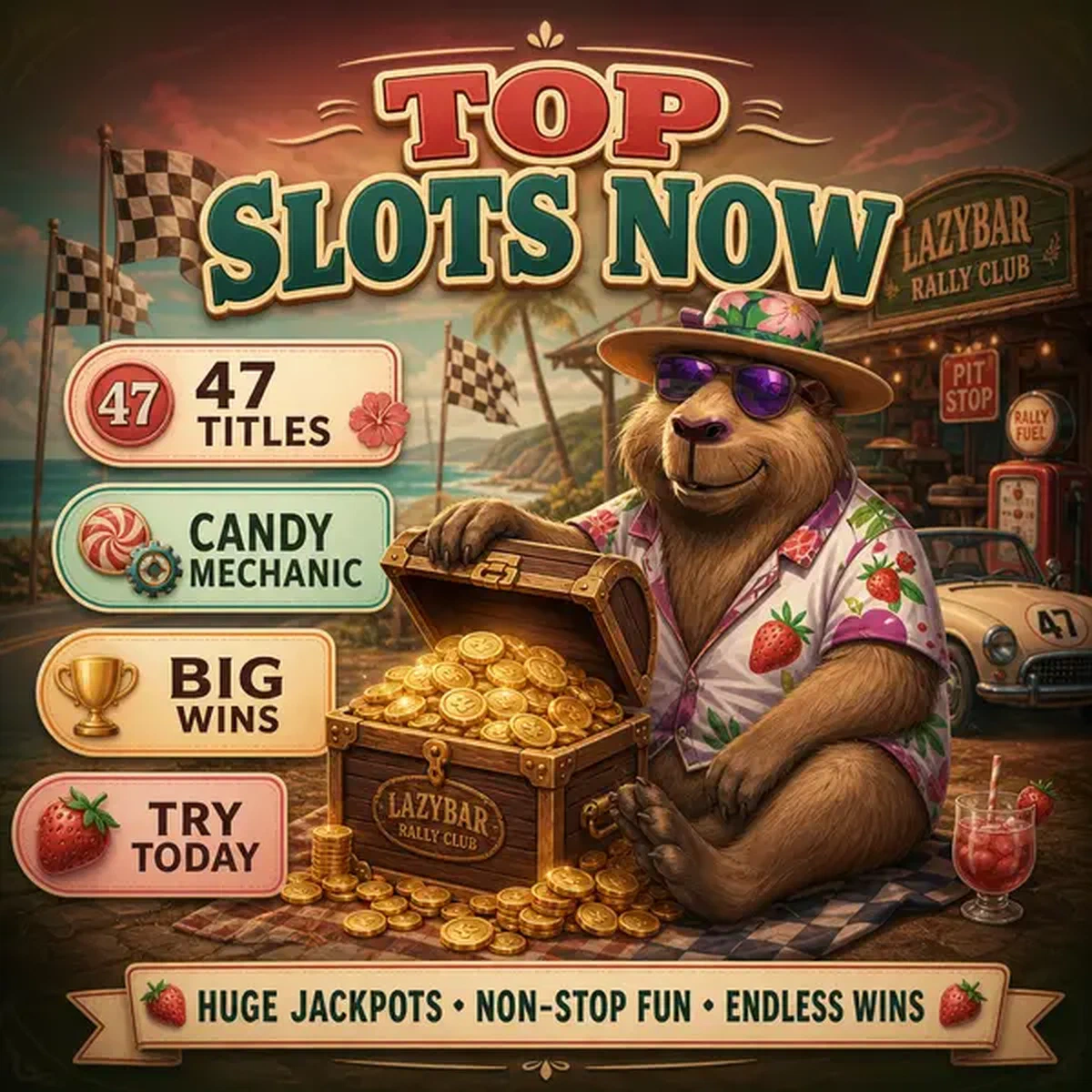 LazyBar capybara discovering slot games treasures in coastal rally pit-stop setting