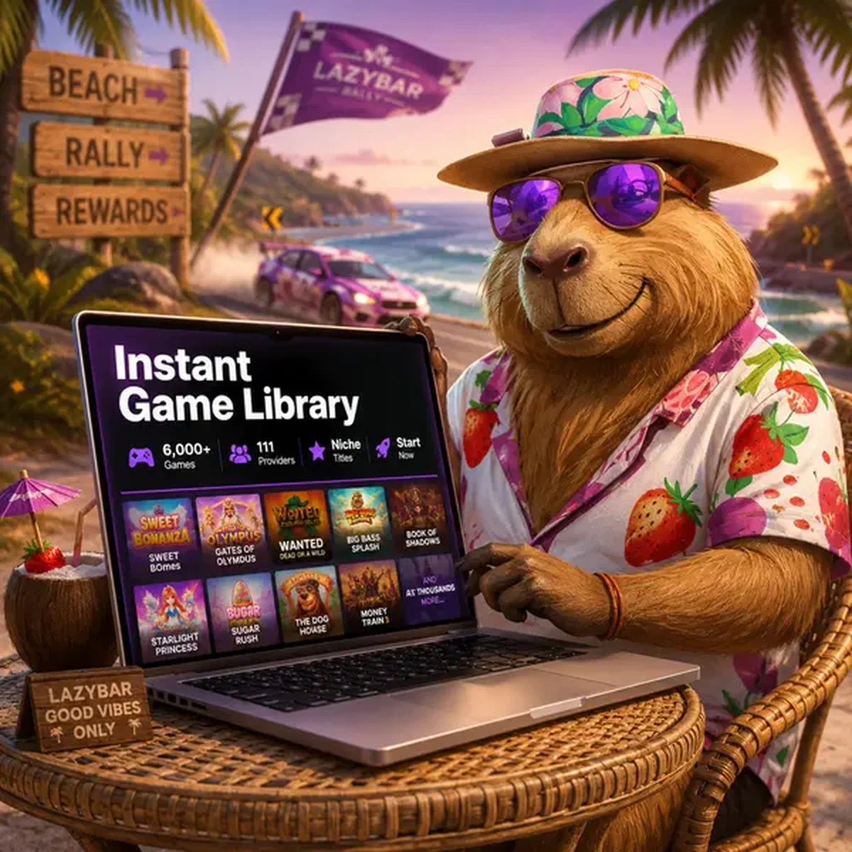LazyBar Capybara browsing massive game library as new player signs up at outdoor cafe