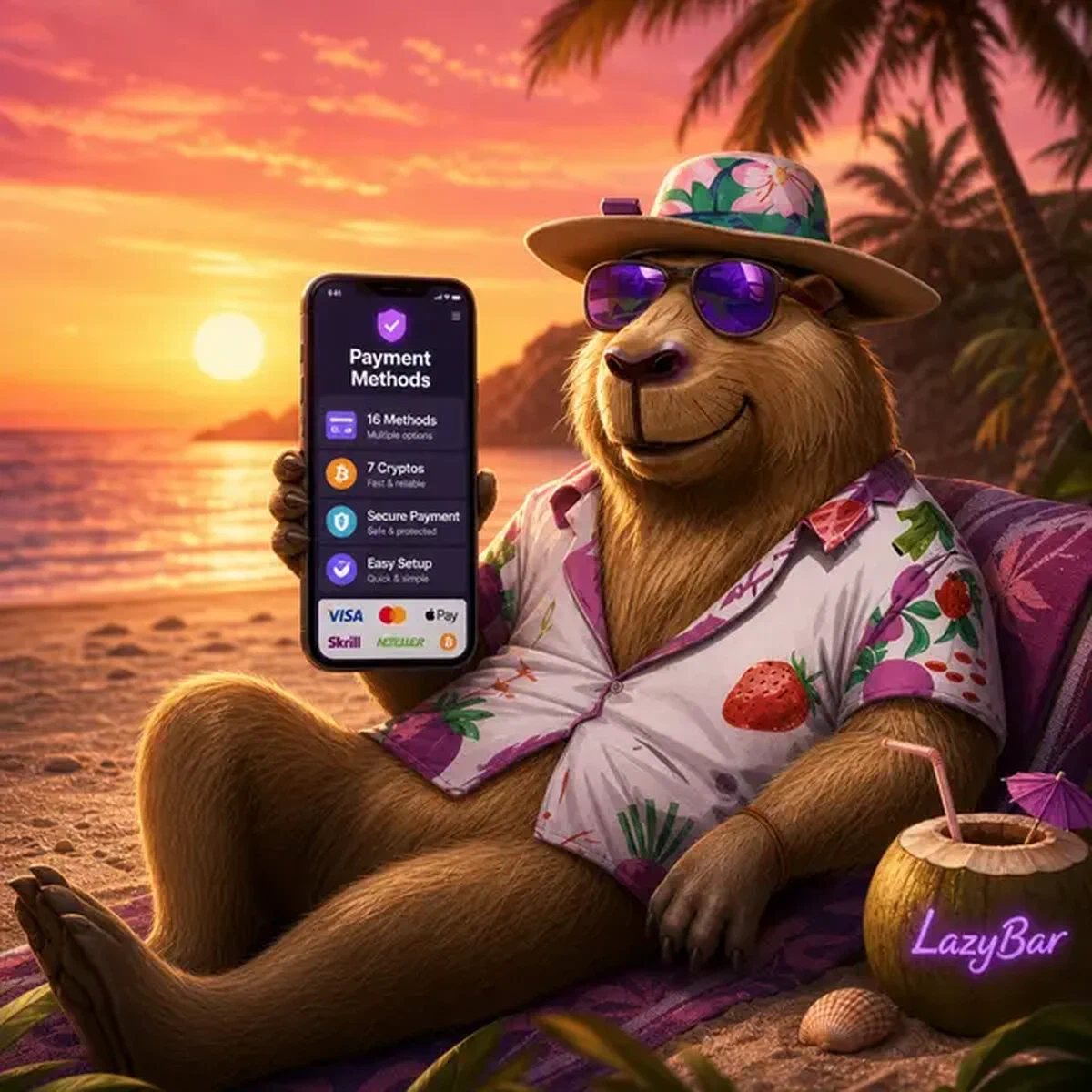 LazyBar capybara browsing secure payment methods on smartphone at peaceful sunset beach