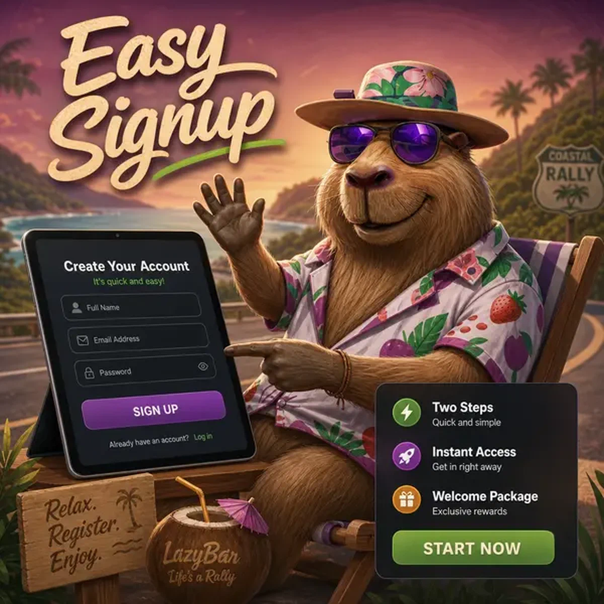 Relaxed capybara guiding easy signup process at LazyBar registration portal