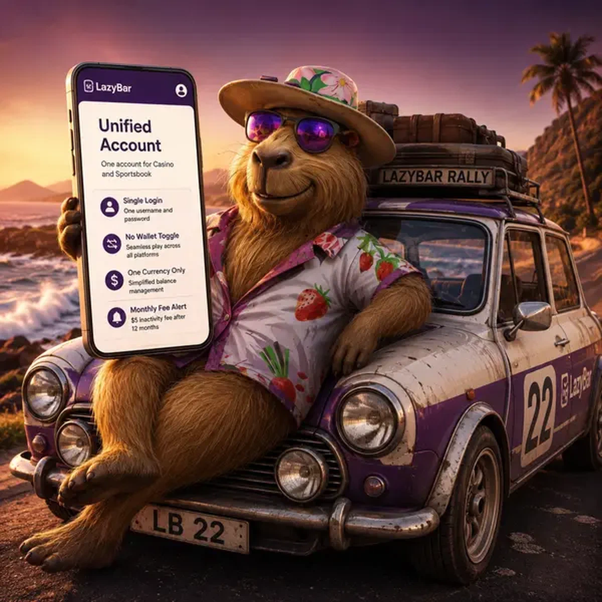 LazyBar Personal Account unified login portal with capybara relaxing by vintage rally car