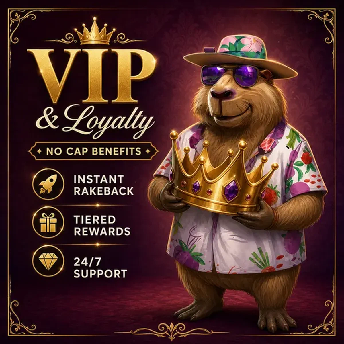 Capybara proudly holding golden crown at LazyBar VIP lounge with exclusive tiered rewards