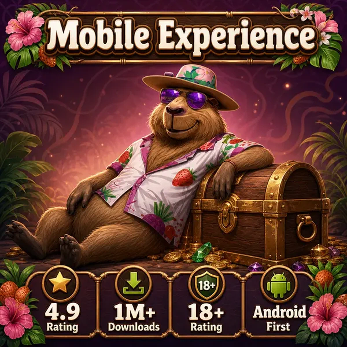 LazyBar mascot lounging by treasure chest on mobile app download screen