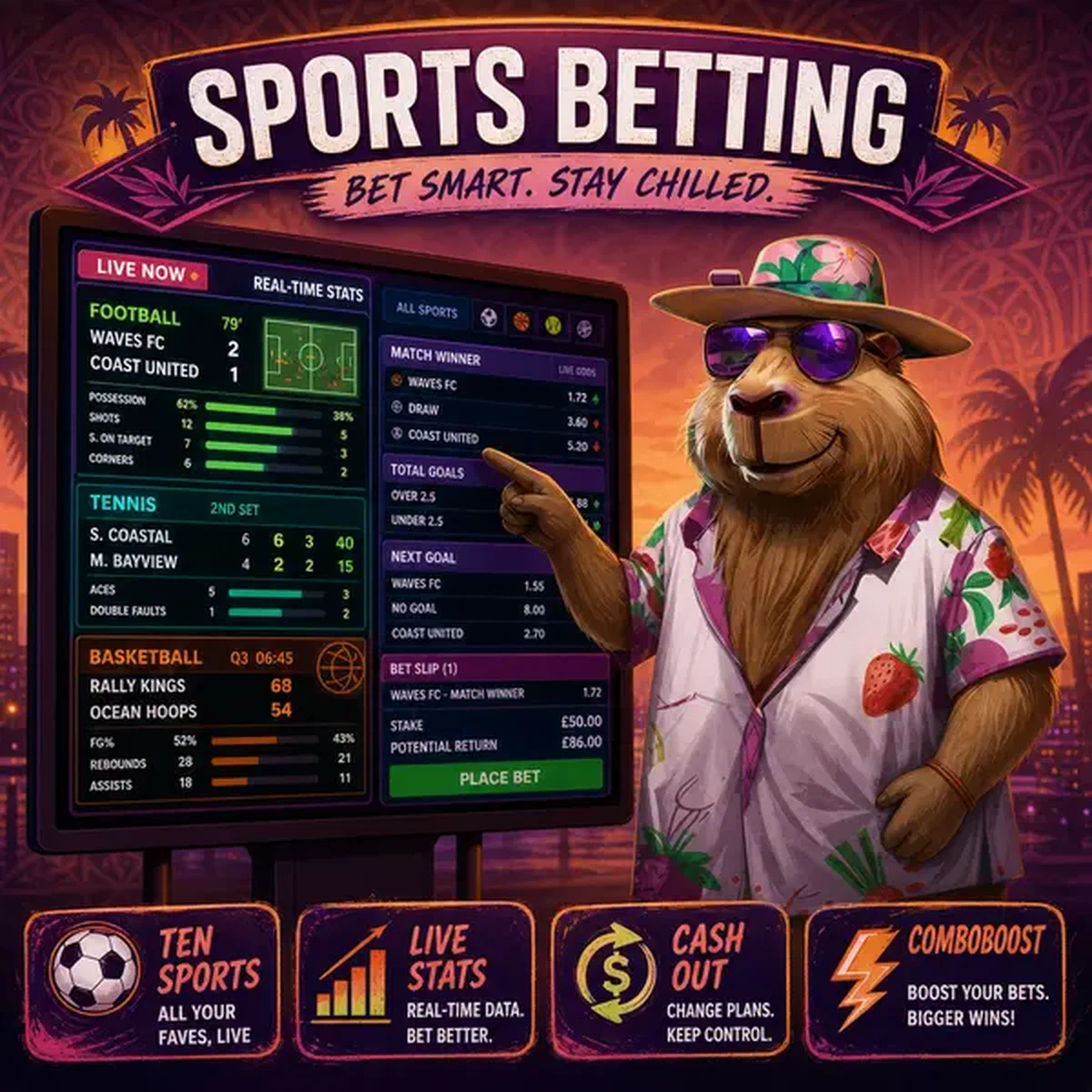 LazyBar Sports Betting sportsbook with capybara analyst reviewing live stats on digital board